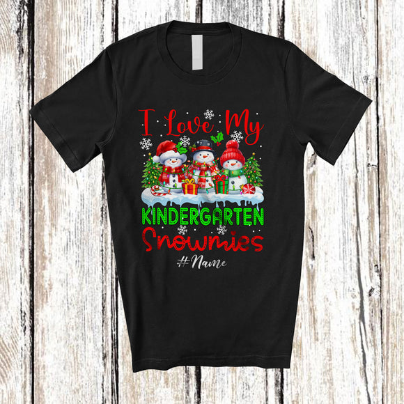 MacnyStore - Personalized Love My Kindergarten Snowmies; Lovely Christmas Custom Name Teacher Three Snowman T-Shirt