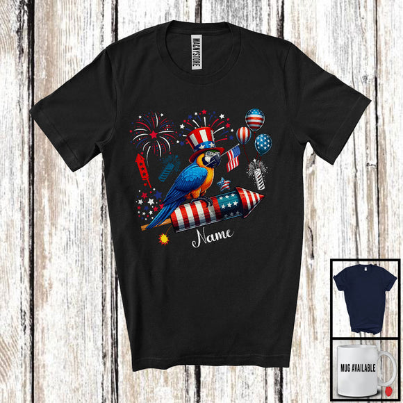 MacnyStore - Personalized Macaw Riding Firecracker, Lovely 4th Of July USA Flag Custom Name, Bird Animal T-Shirt