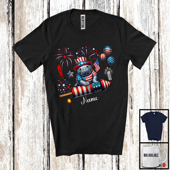 MacnyStore - Personalized Manatee Riding Firecracker, Lovely 4th Of July USA Flag Custom Name, Zoo Animal T-Shirt