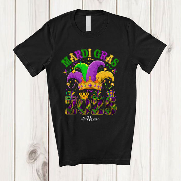 MacnyStore - Personalized Mardi Gras 2025; Joyful Custom Name Parades; Jester Hat Mardi Gras Mask T-Shirt