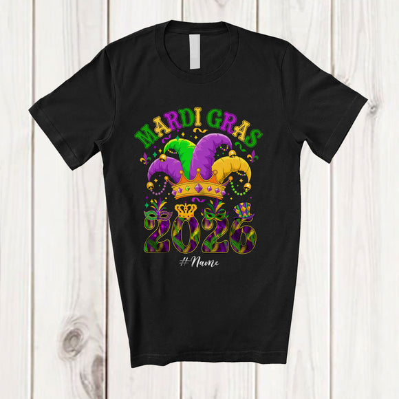 MacnyStore - Personalized Mardi Gras 2026; Joyful Custom Name Parades; Jester Hat Mardi Gras Mask T-Shirt
