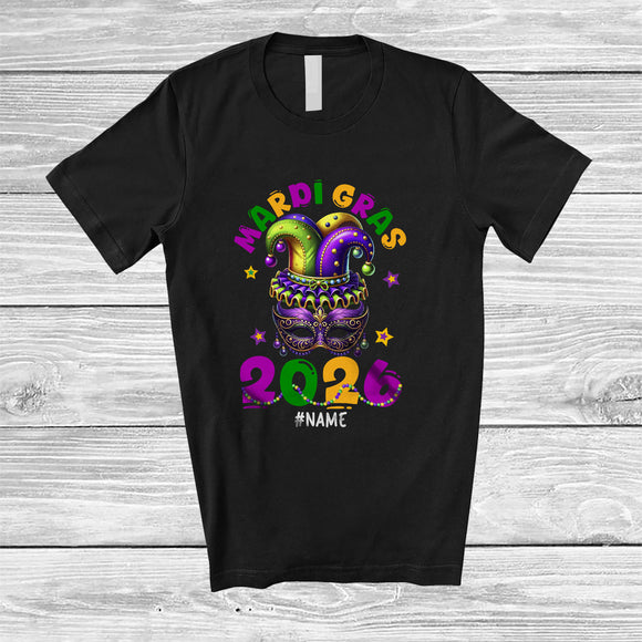 MacnyStore - Personalized Mardi Gras 2026; Lovely Mardi Gras Mask Jester Hat; Custom Name Family T-Shirt