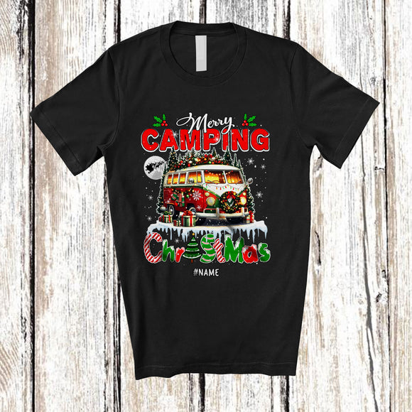 MacnyStore - Personalized Merry Camping Christmas; Amusing X-mas Custom Name Santa Camping; Snowing Family T-Shirt
