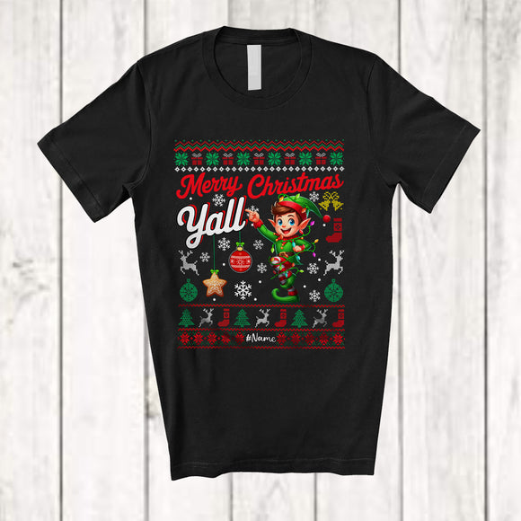 MacnyStore - Personalized Merry Christmas Yall; Cheerful Custom Name Elf; X-mas Sweater Lights Family T-Shirt