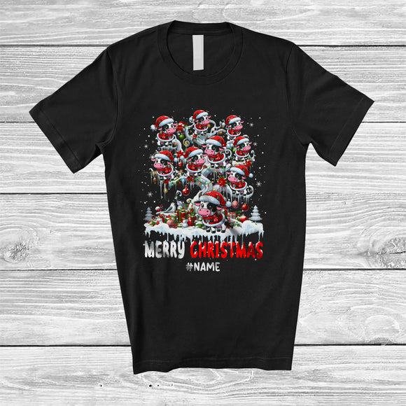 MacnyStore - Personalized Merry Christmas; Lovely Santa Cow On X-mas Tree; Custom Name Farmer Family T-Shirt