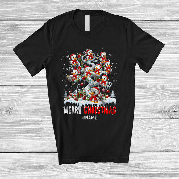 MacnyStore - Personalized Merry Christmas; Lovely Santa Duck On X-mas Tree; Custom Name Farmer Family T-Shirt