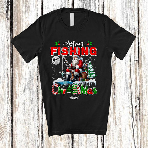 MacnyStore - Personalized Merry Fishing Christmas; Amusing X-mas Custom Name Santa Fishing; Snowing Family T-Shirt