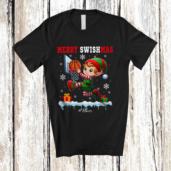 MacnyStore - Personalized Merry Swishmas; Amusing Christmas Elf Playing Basketball Player; Sport Team T-Shirt