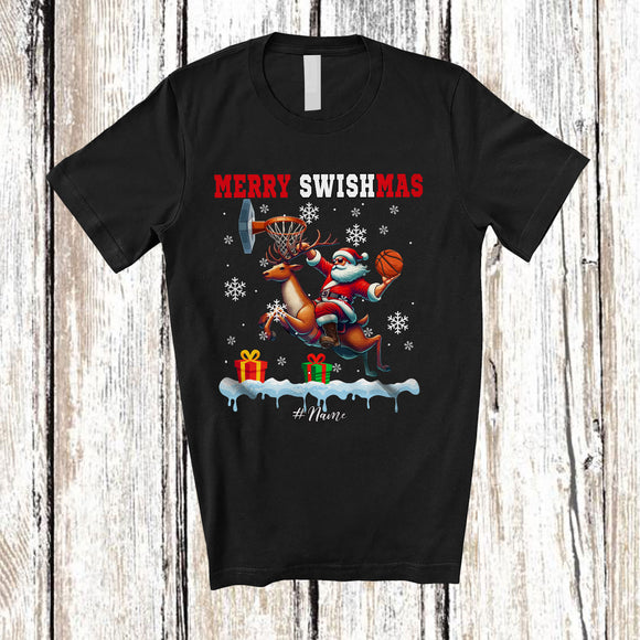 MacnyStore - Personalized Merry Swishmas; Amusing Christmas Santa Riding Reindeer Playing Basketball Player; Sport Team T-Shirt