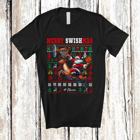 MacnyStore - Personalized Merry Swishmas; Amusing Christmas Santa Riding Reindeer Playing Basketball Player; Sweater Sport T-Shirt