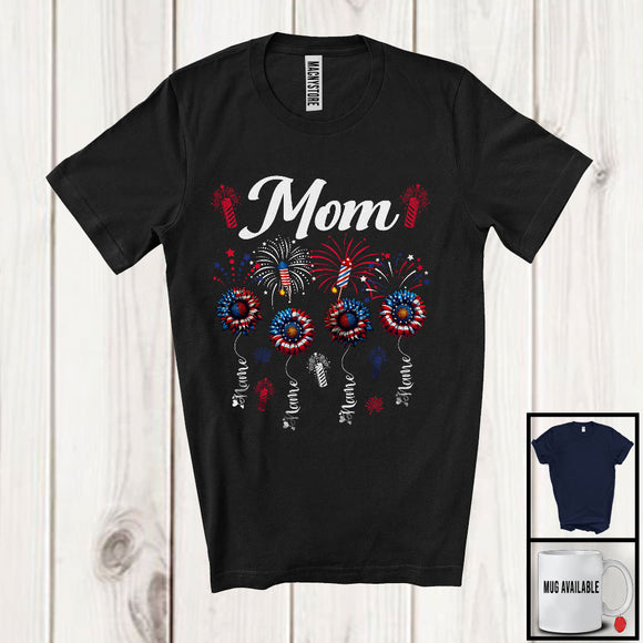 MacnyStore - Personalized Mom, Amazing 4th Of July Sunflowers, Fireworks Custom Name Family Patriotic T-Shirt