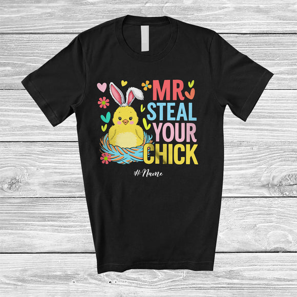 MacnyStore - Personalized Mr Steal Your Chick; Joyful Easter Bunny Chick; Custom Name Boys Couple Egg Hunt T-Shirt