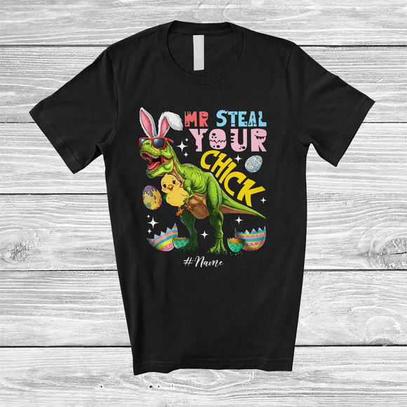 MacnyStore - Personalized Mr Steal Your Chick; Joyful Easter T-Rex With Chick; Custom Name Boys Eggs Hunt T-Shirt