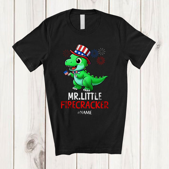 MacnyStore - Personalized Mr. Little Firecracker; Humorous 4th Of July T-Rex; Custom Name Boys Dinosaur T-Shirt