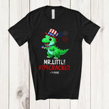 MacnyStore - Personalized Mr. Little Firecracker; Humorous 4th Of July T-Rex; Custom Name Boys Dinosaur T-Shirt
