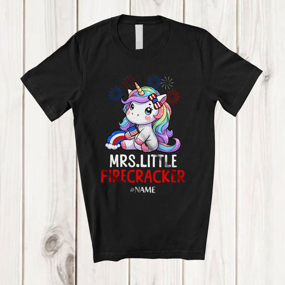 MacnyStore - Personalized Mrs. Little Firecracker; Humorous 4th Of July Unicorn; Custom Name Girls Patriotic T-Shirt