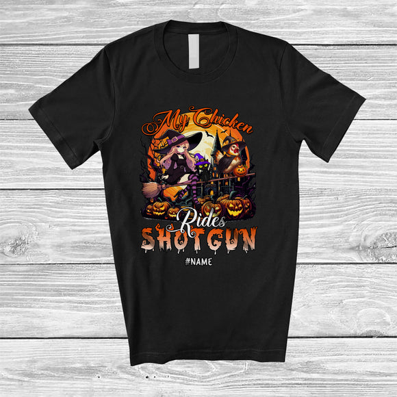 MacnyStore - Personalized My Chicken Rides Shotgun; Scary Halloween Moon Chicken Witch; Custom Name Farmer T-Shirt