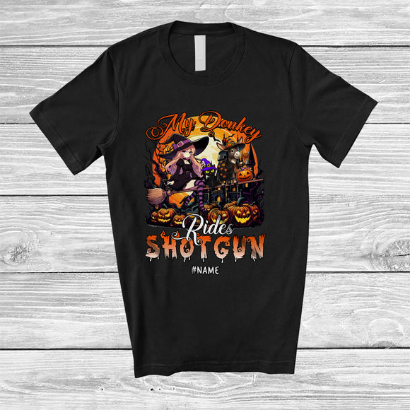 MacnyStore - Personalized My Donkey Rides Shotgun; Scary Halloween Moon Donkey Witch; Custom Name Farmer T-Shirt