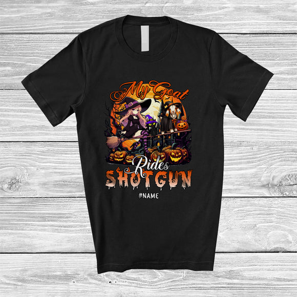 MacnyStore - Personalized My Goat Rides Shotgun; Scary Halloween Moon Goat Witch; Custom Name Farmer T-Shirt