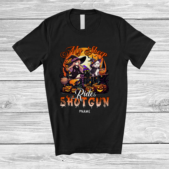 MacnyStore - Personalized My Sheep Rides Shotgun; Scary Halloween Moon Sheep Witch; Custom Name Farmer T-Shirt