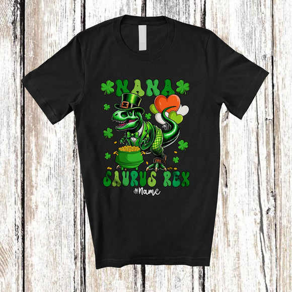 MacnyStore - Personalized Nana Saurus Rex; Happy St. Patrick's Day Custom Name T-Rex Dinosaur; Family T-Shirt