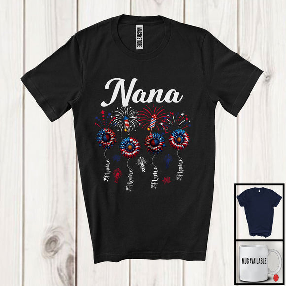 MacnyStore - Personalized Nana, Amazing 4th Of July Sunflowers, Fireworks Custom Name Family Patriotic T-Shirt