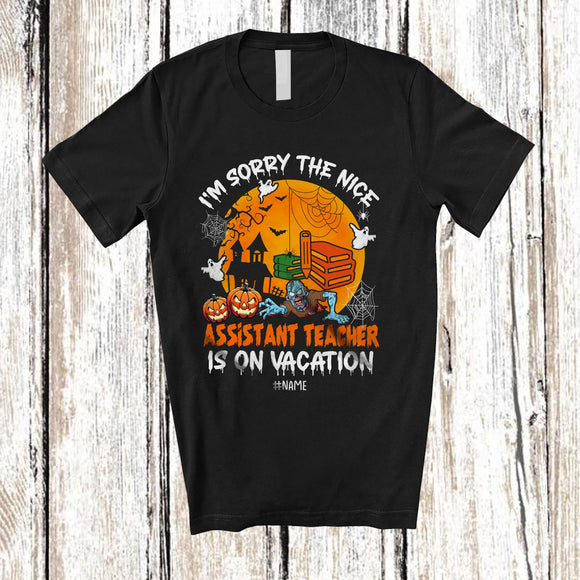 MacnyStore - Personalized Nice Assistant Teacher Is On Vacation; Joyful Halloween Zombie; Custom Name Jobs T-Shirt