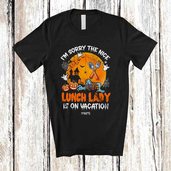 MacnyStore - Personalized Nice Lunch Lady Is On Vacation; Joyful Halloween Zombie Pumpkin; Custom Name Jobs T-Shirt