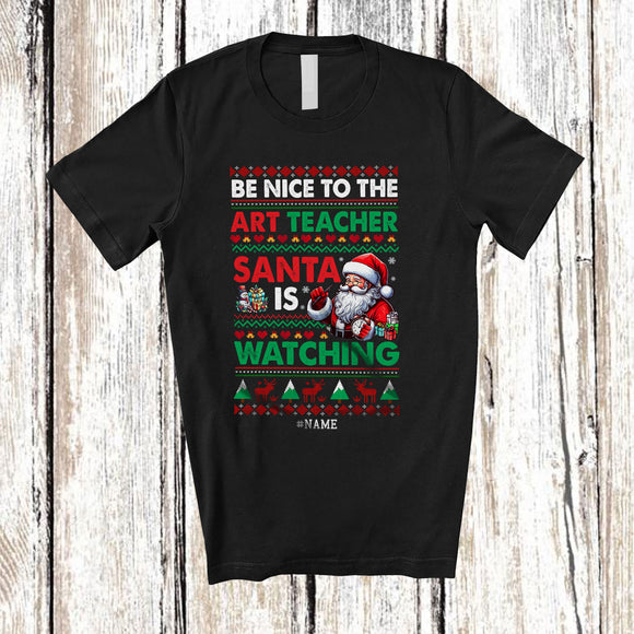 MacnyStore - Personalized Nice to The Art Teacher; Merry Christmas Sweater Santa; Custom Name Teacher T-Shirt