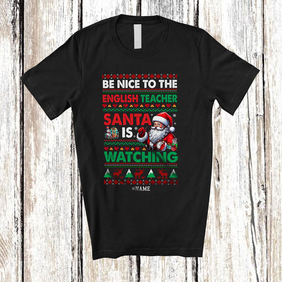 MacnyStore - Personalized Nice to The English Teacher; Merry Christmas Sweater Santa; Custom Name Teacher T-Shirt