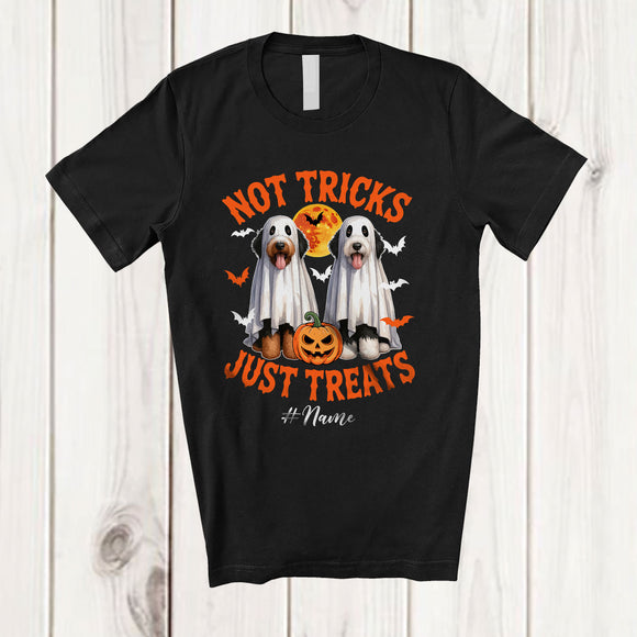 MacnyStore - Personalized Not Tricks Just Treats; Creepy Halloween Custom Name Two Boo Ghost Bernedoodles T-Shirt