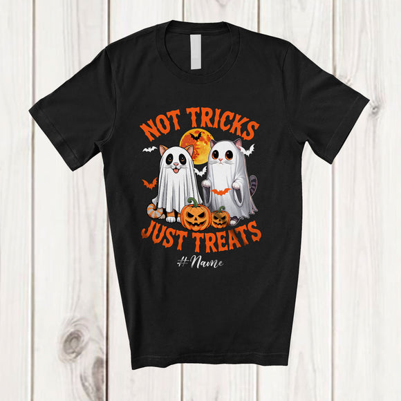 MacnyStore - Personalized Not Tricks Just Treats; Creepy Halloween Custom Name Two Boo Ghost Cat Owner T-Shirt