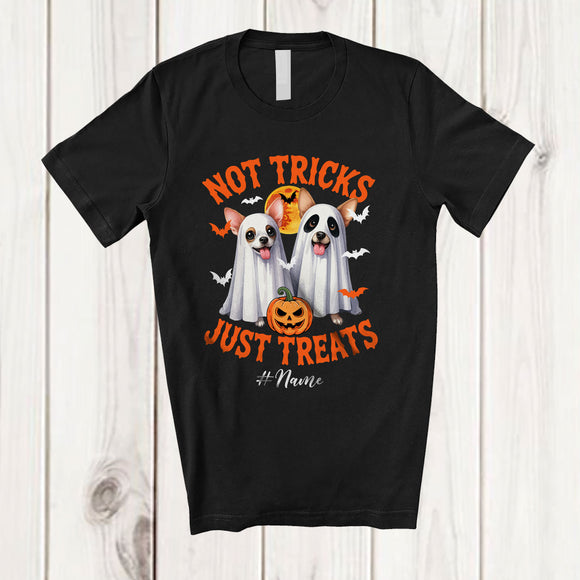 MacnyStore - Personalized Not Tricks Just Treats; Creepy Halloween Custom Name Two Boo Ghost Chihuahua T-Shirt