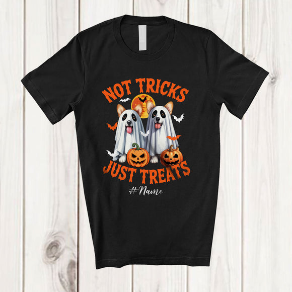 MacnyStore - Personalized Not Tricks Just Treats; Creepy Halloween Custom Name Two Boo Ghost Corgi Owner T-Shirt