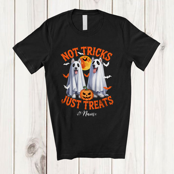 MacnyStore - Personalized Not Tricks Just Treats; Creepy Halloween Custom Name Two Boo Ghost Husky Owner T-Shirt