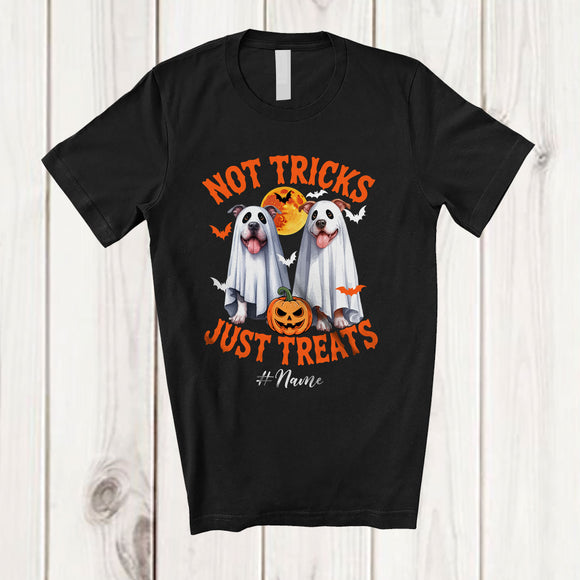MacnyStore - Personalized Not Tricks Just Treats; Creepy Halloween Custom Name Two Boo Ghost Pit Bull Owner T-Shirt