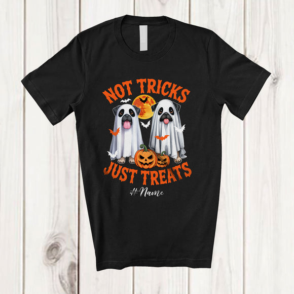MacnyStore - Personalized Not Tricks Just Treats; Creepy Halloween Custom Name Two Boo Ghost Pug Owner T-Shirt