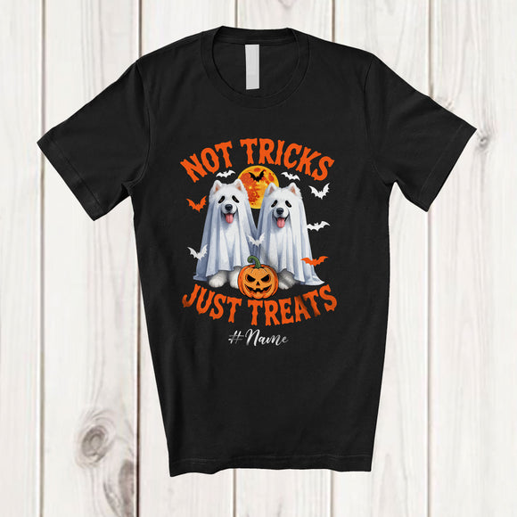 MacnyStore - Personalized Not Tricks Just Treats; Creepy Halloween Custom Name Two Boo Ghost Samoyed T-Shirt