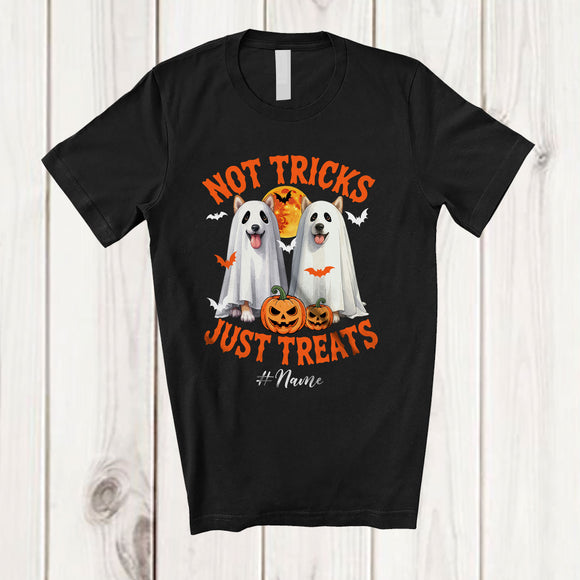 MacnyStore - Personalized Not Tricks Just Treats; Creepy Halloween Custom Name Two Boo Ghost Shiba Inu T-Shirt