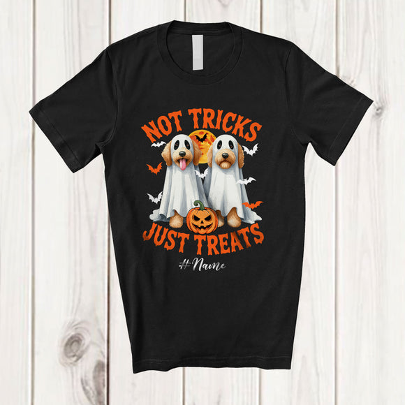 MacnyStore - Personalized Not Tricks Just Treats; Creepy Halloween Custom Name Two Boo Ghost Sproodle T-Shirt