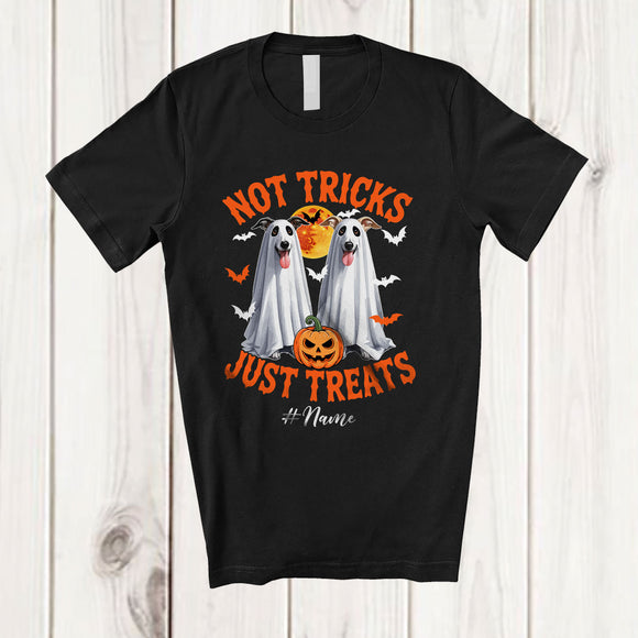 MacnyStore - Personalized Not Tricks Just Treats; Creepy Halloween Custom Name Two Boo Ghost Whippet Owner T-Shirt
