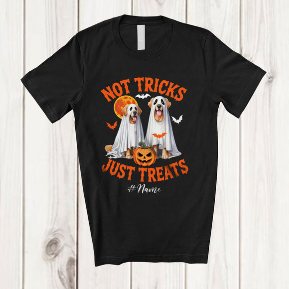 MacnyStore - Personalized Not Tricks Just Treats; Creepy Halloween Custom Name Two Boo Golden Retriever T-Shirt
