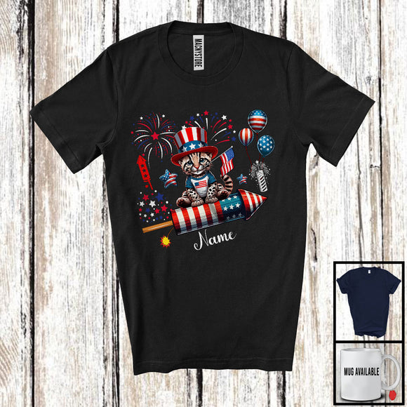 MacnyStore - Personalized Ocelot Riding Firecracker, Lovely 4th Of July USA Flag Custom Name, Zoo Animal T-Shirt