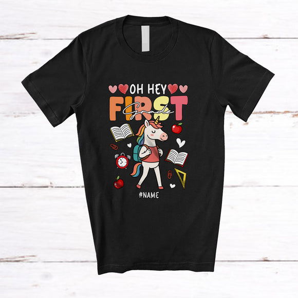 MacnyStore - Personalized Oh Hey First Grade; Joyful Back To School Custom Name Girl Unicorn Students T-Shirt