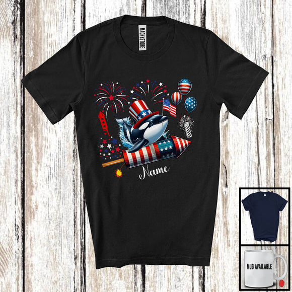 MacnyStore - Personalized Orca Riding Firecracker, Lovely 4th Of July USA Flag Custom Name, Fish Sea Animal T-Shirt