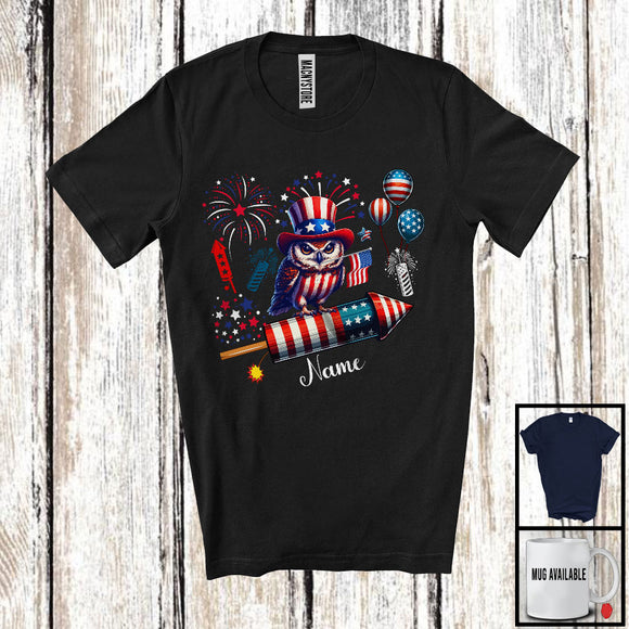 MacnyStore - Personalized Owl Riding Firecracker, Lovely 4th Of July USA Flag Custom Name, Bird Animal T-Shirt