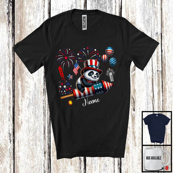 MacnyStore - Personalized Panda Riding Firecracker, Lovely 4th Of July USA Flag Custom Name, Zoo Animal T-Shirt
