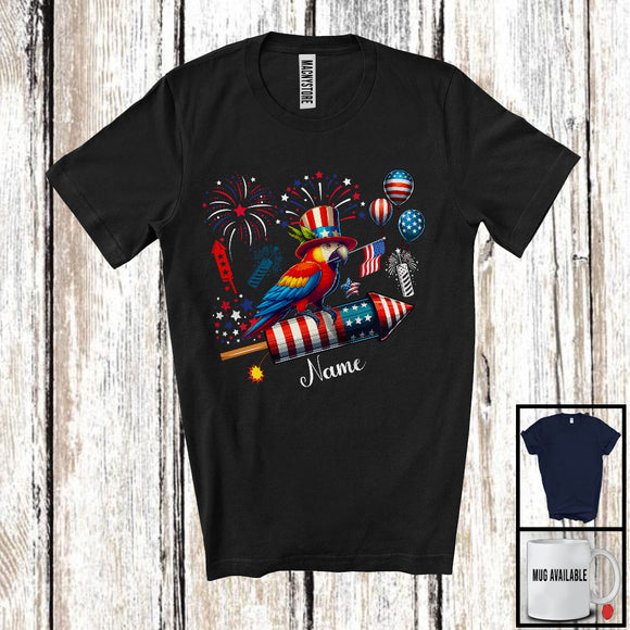 MacnyStore - Personalized Parrot Riding Firecracker, Lovely 4th Of July USA Flag Custom Name, Bird Animal T-Shirt