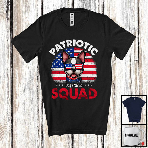 MacnyStore - Personalized Patriotic Squad, Adorable 4th Of July Custom Name Boston Terrier, USA Flag Vintage T-Shirt