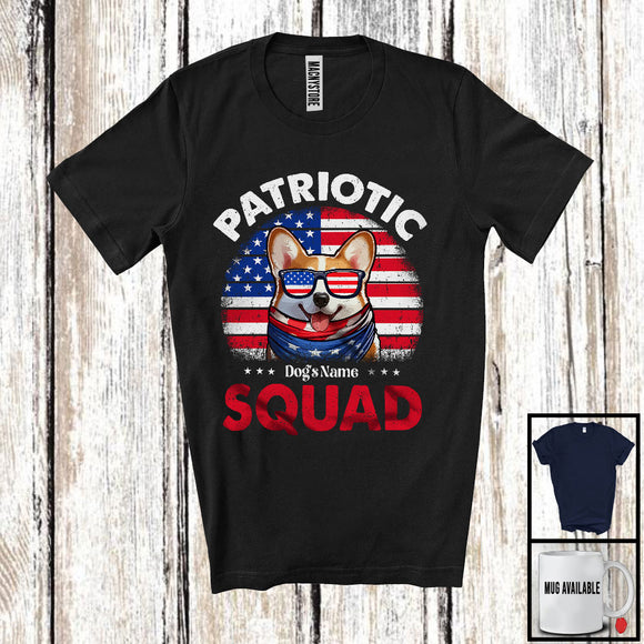 MacnyStore - Personalized Patriotic Squad, Adorable 4th Of July Custom Name Corgi, USA Flag Vintage T-Shirt